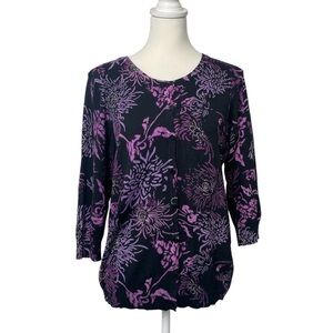 Joseph A. Floral Cardigan Sweater Purple Black Button Front 3/4 Sleeve Size M